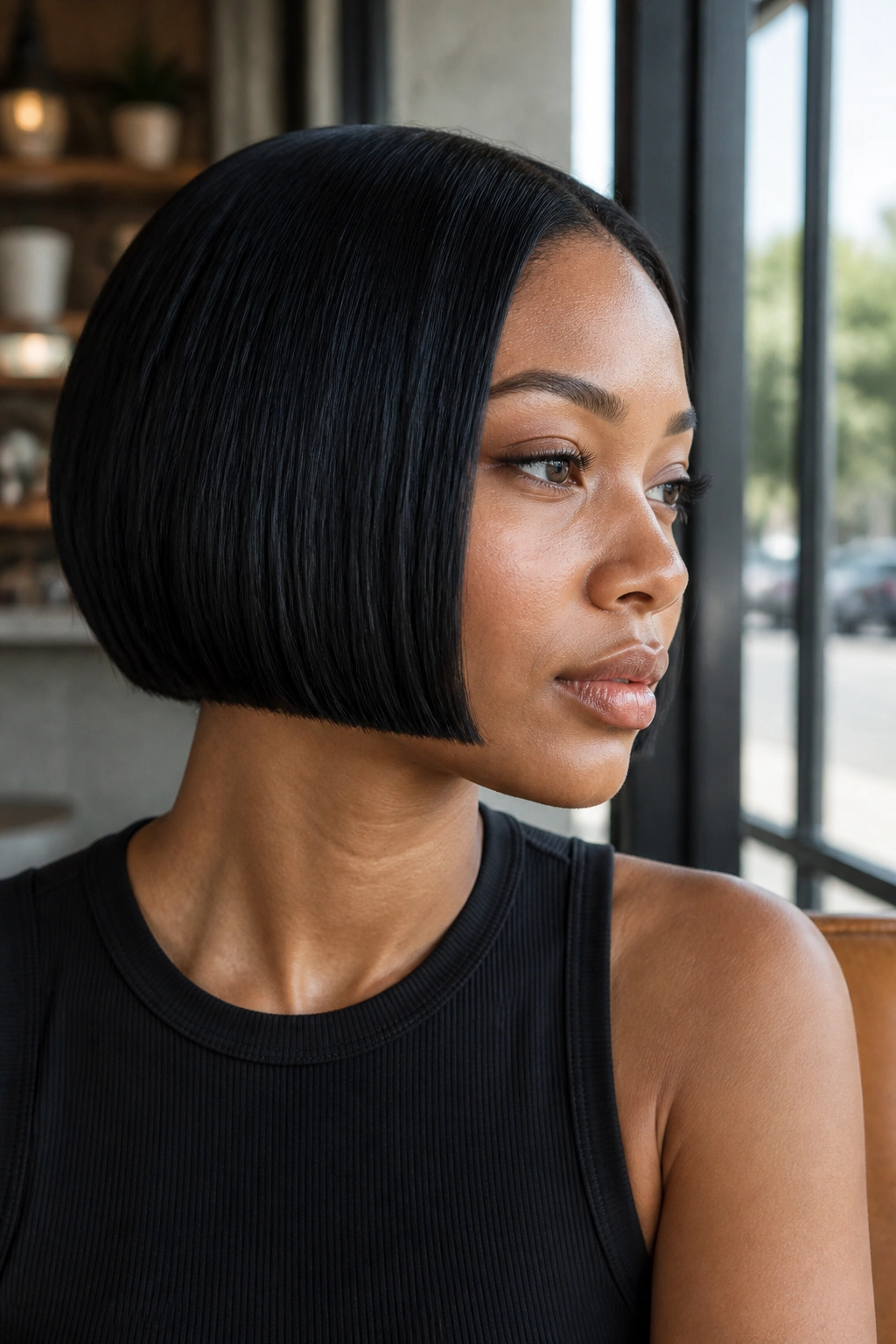 Close-up of a real woman with a micro bob above the jaw and clean edge
