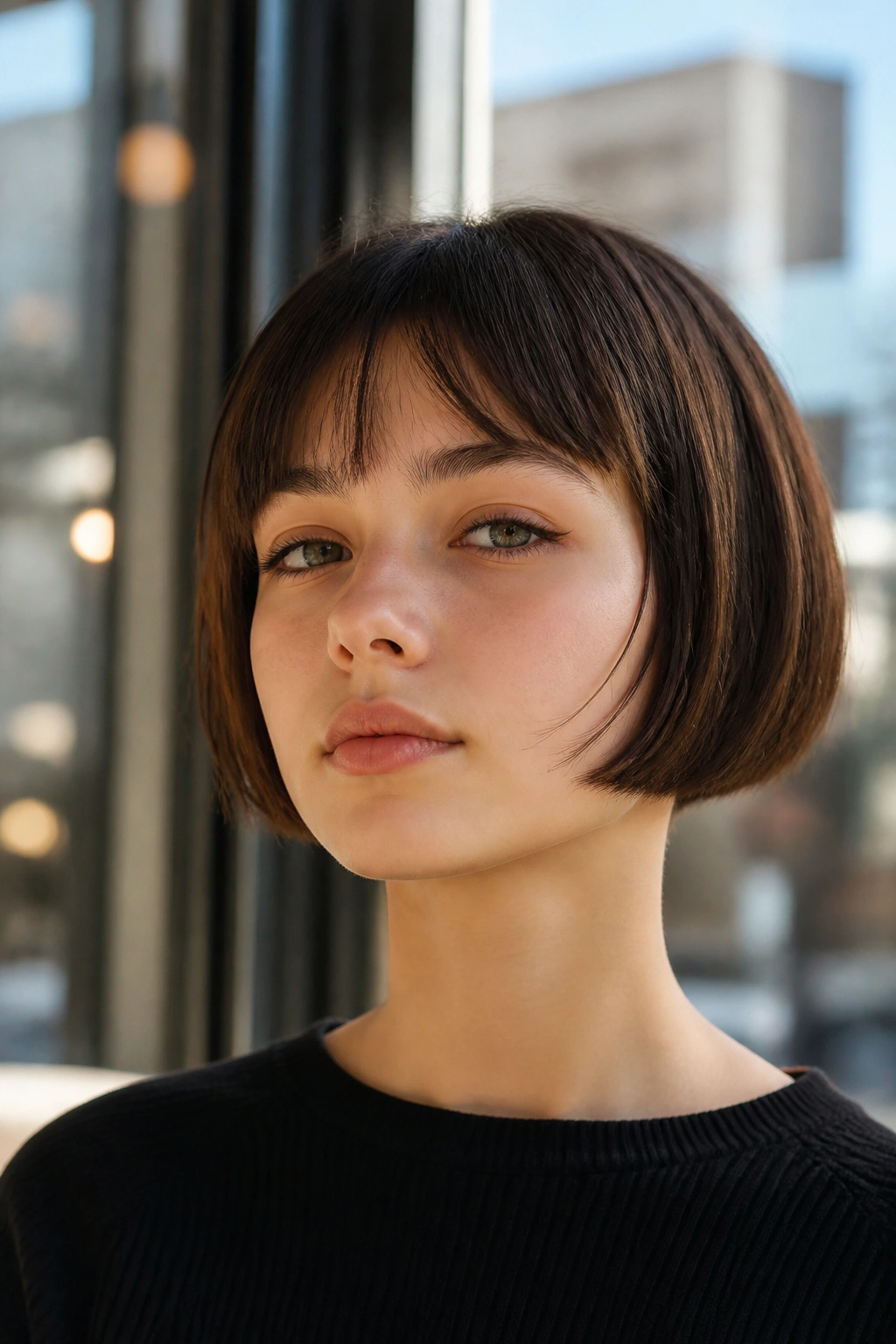 Real girl with micro bob above jawline in sunny cafe window