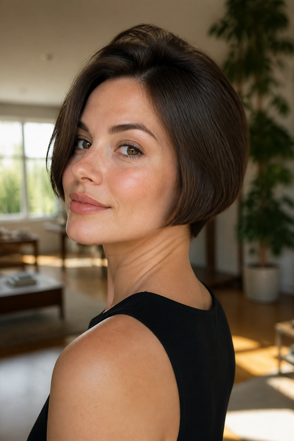 Close-up portrait of a real woman with a micro bob and crown lift, nape exposed.