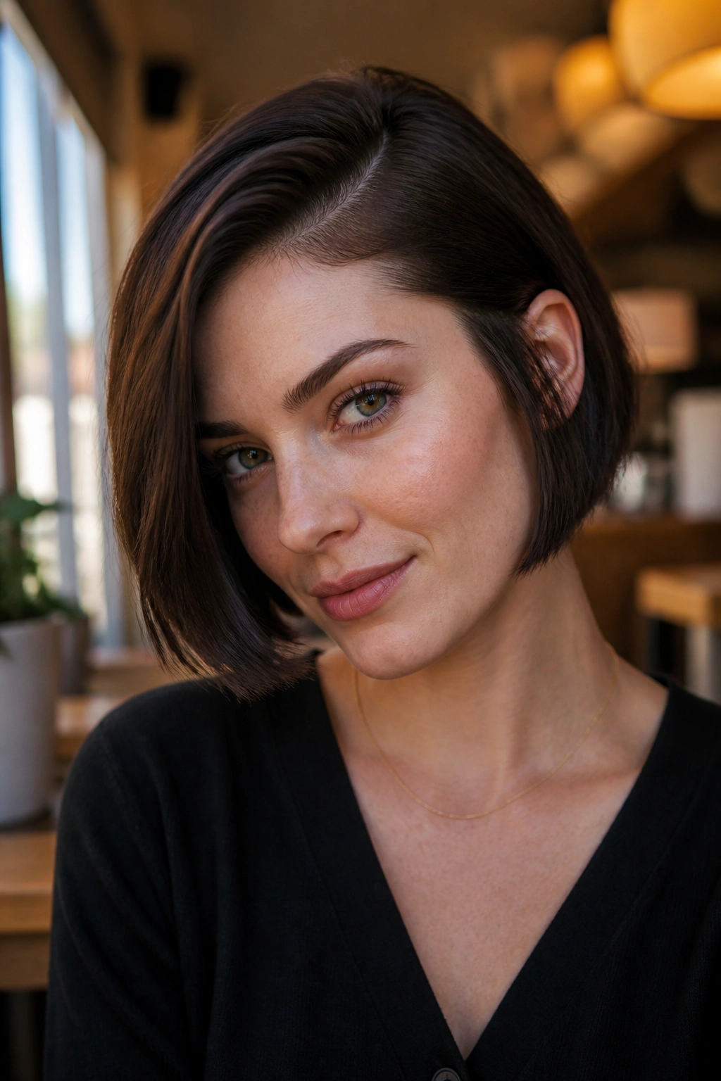 Real woman with micro bob and deep side part