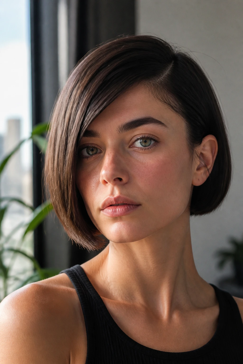 Close-up of a woman with a blunt micro bob and deep side part in morning light