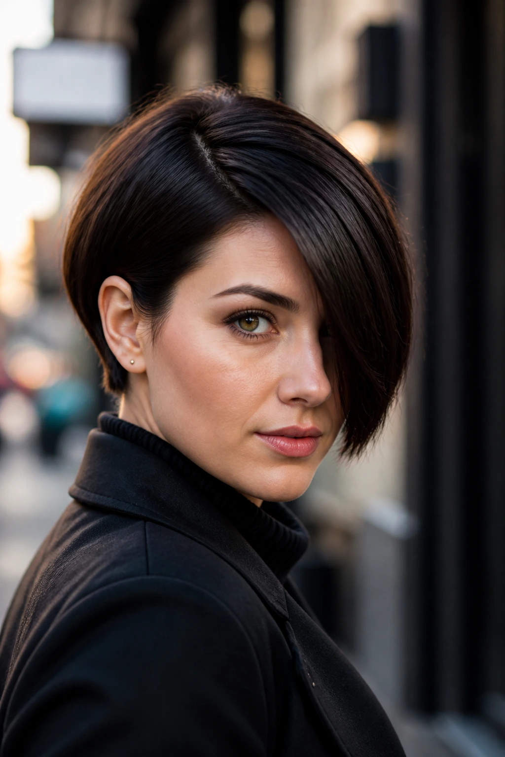 Close-up of a real person with a micro bob and deep sweep
