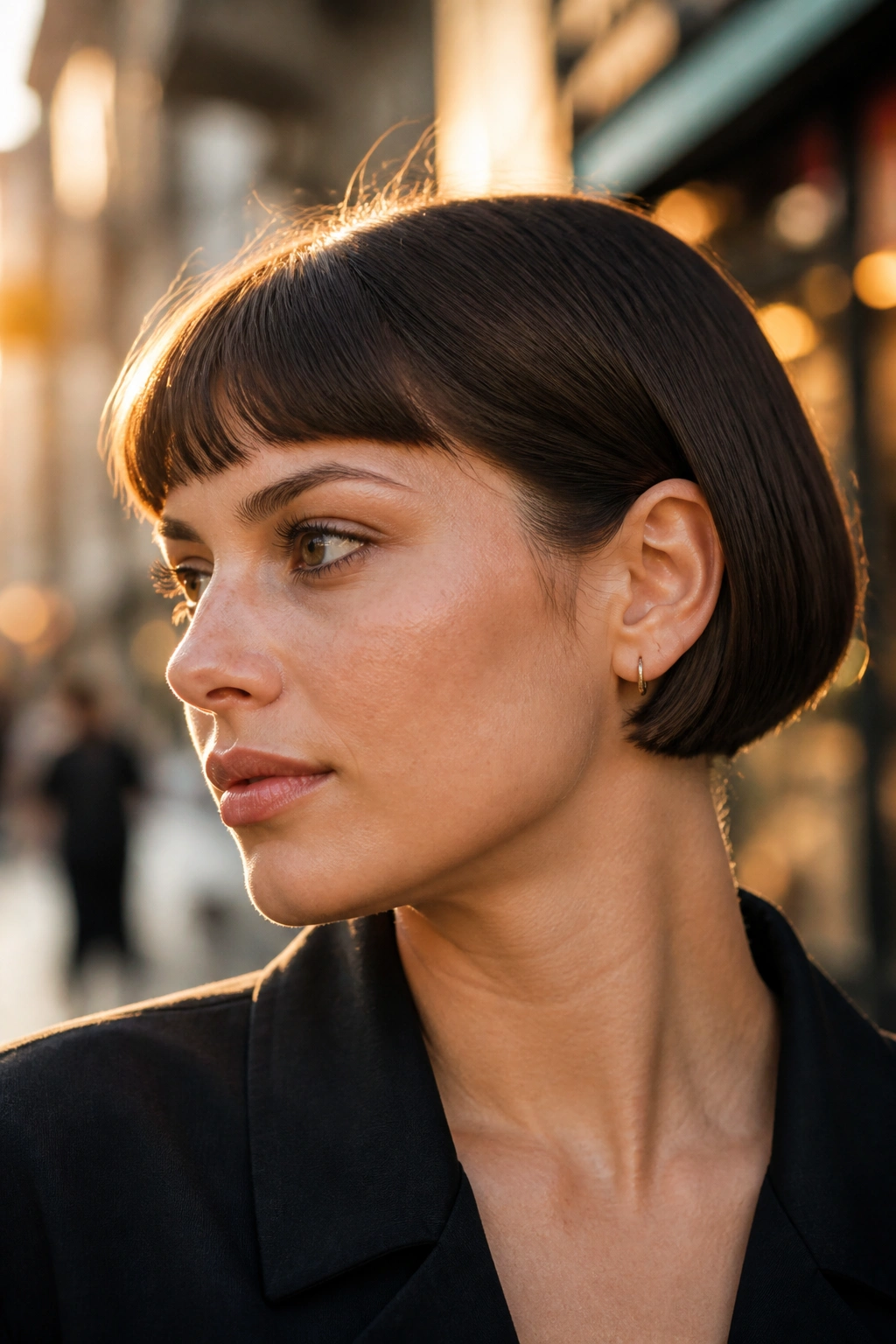 Micro bob that skims the ear on a real person, close-up portrait with sharp neck line.
