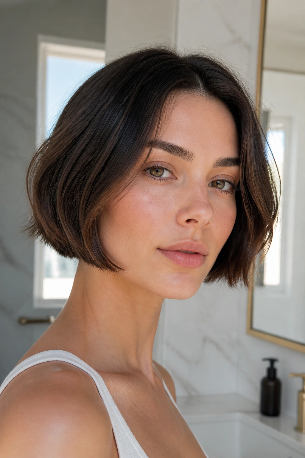 Close-up of a real woman with a micro bob and softly edged ends in a bright bathroom.