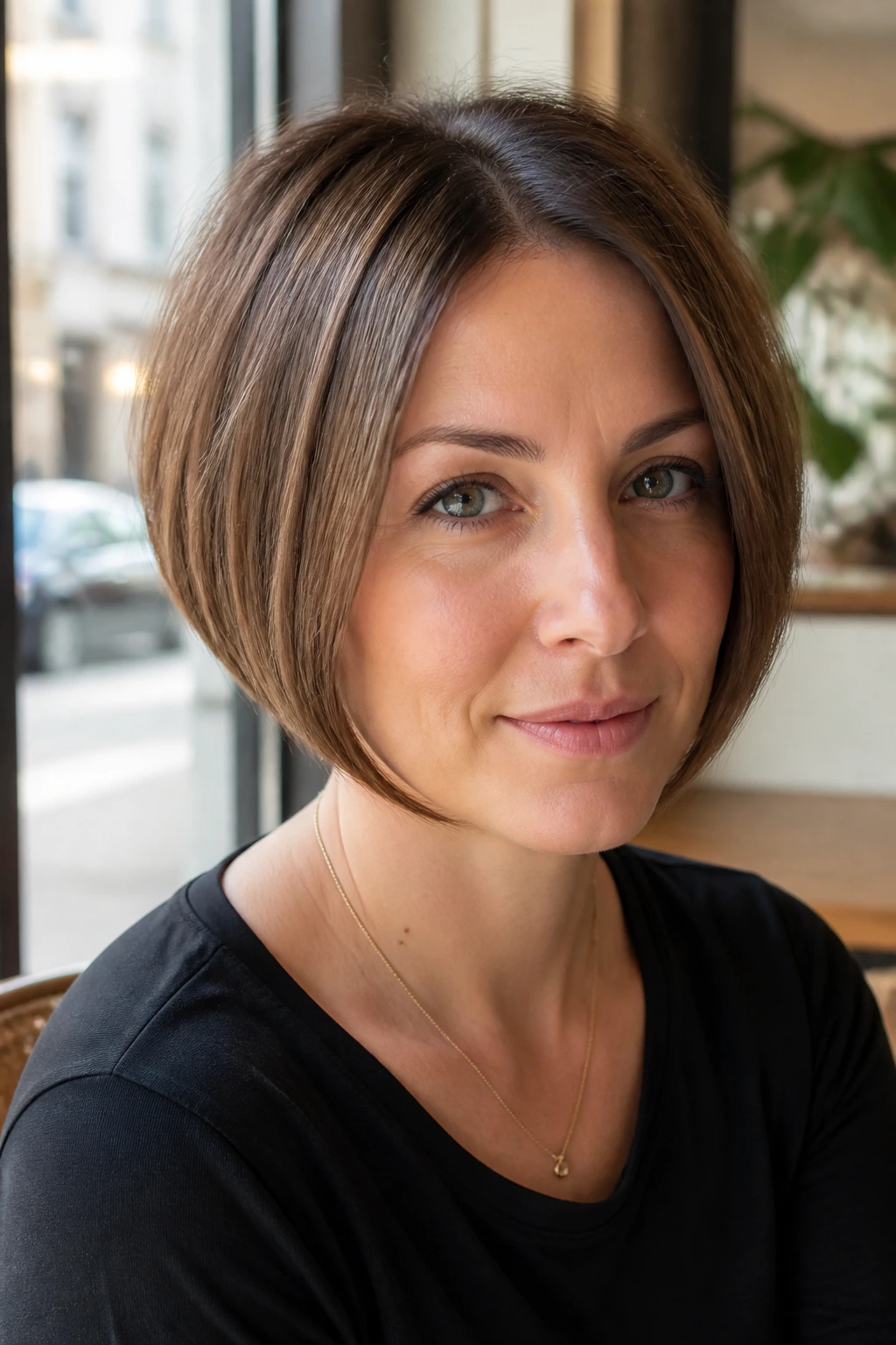 Close-up portrait of a real woman with a micro graduated bob high on the head and crisp edges in natural light