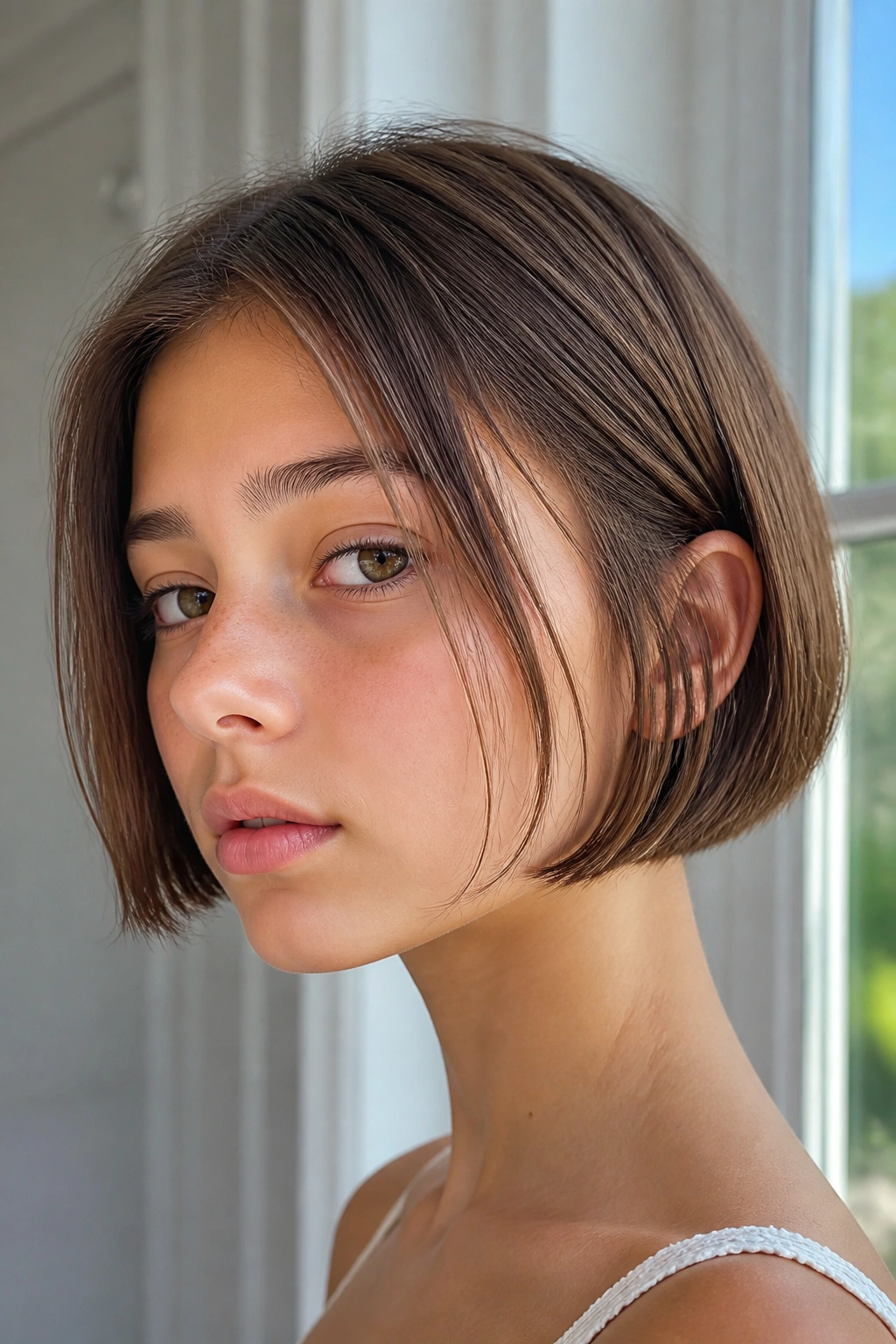 Girl with jaw-length micro bob in bright indoor light