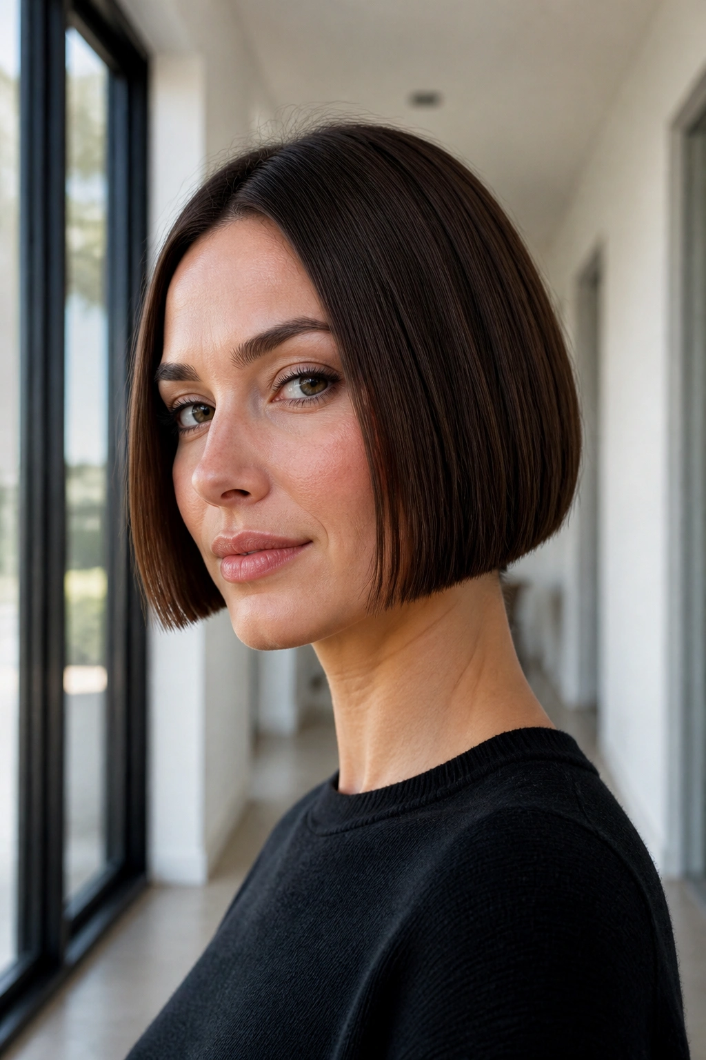 Close-up of a real woman with a jaw-length micro bob
