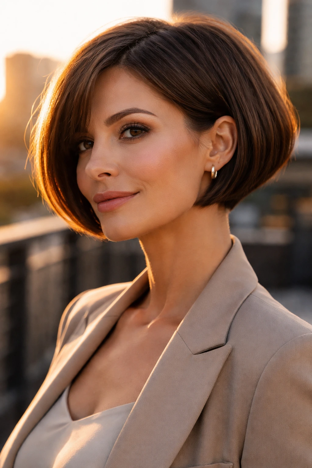 Close-up of a real woman with a micro-bob hairstyle on an urban rooftop