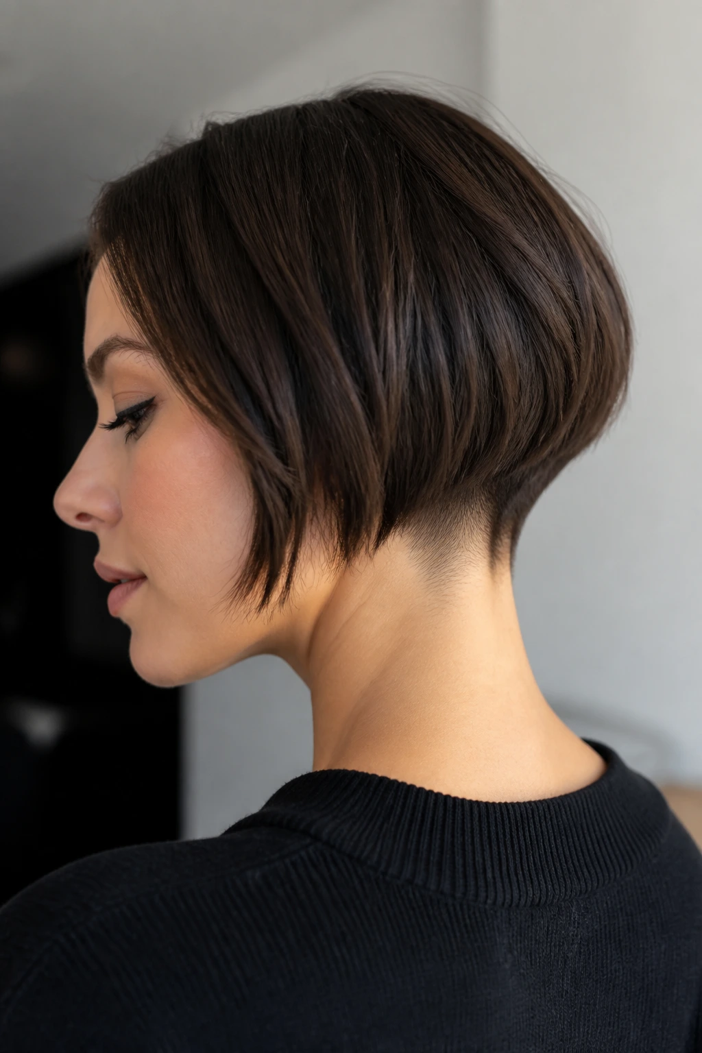 Close-up of a real woman with a micro bob and lifted nape