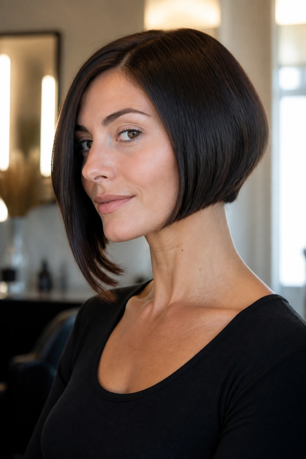 Close-up of real woman with micro bob and longer front corner, warm window light