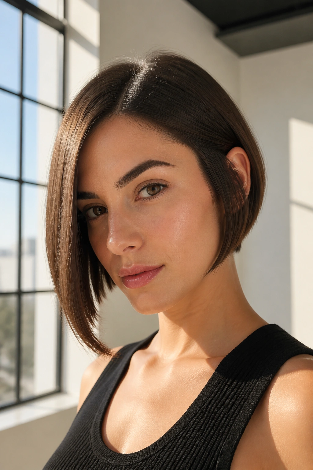 Close-up of a real person with a micro-bob and longer front pieces.