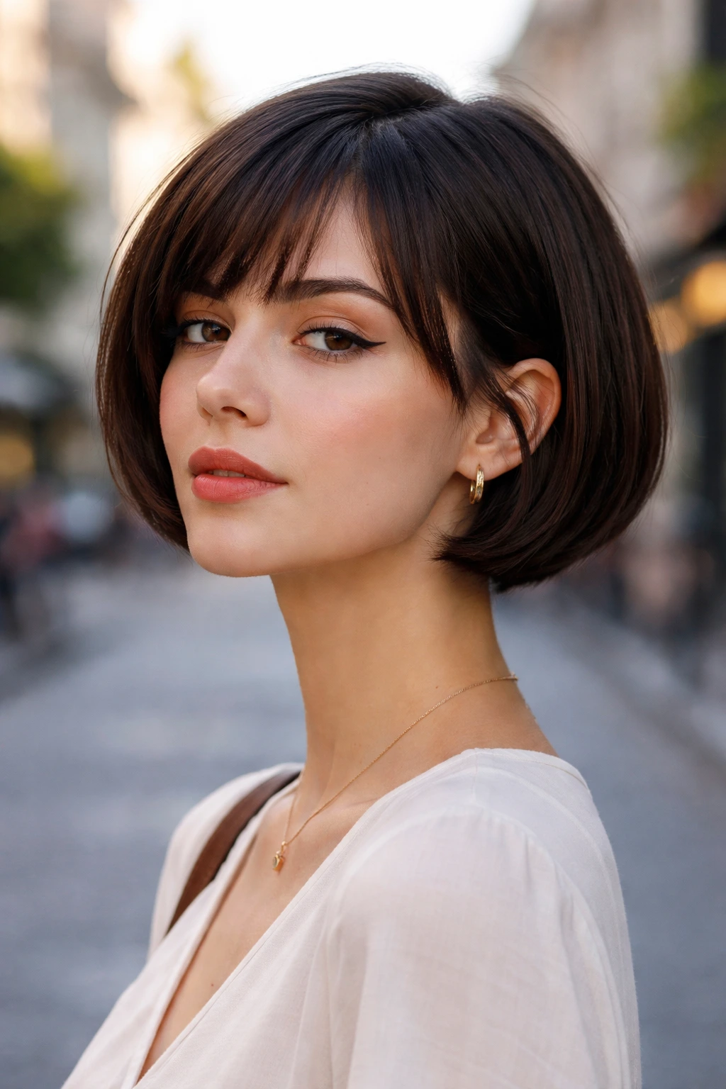 Close-up portrait of a real woman with micro-bob neck exposed