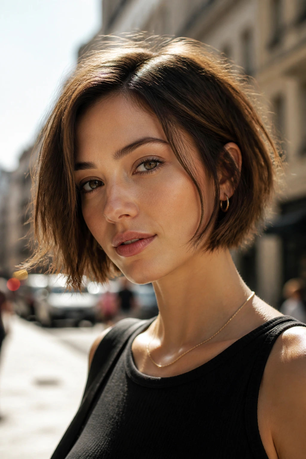 Close-up of a real woman with a micro bob and piecey ends in natural light