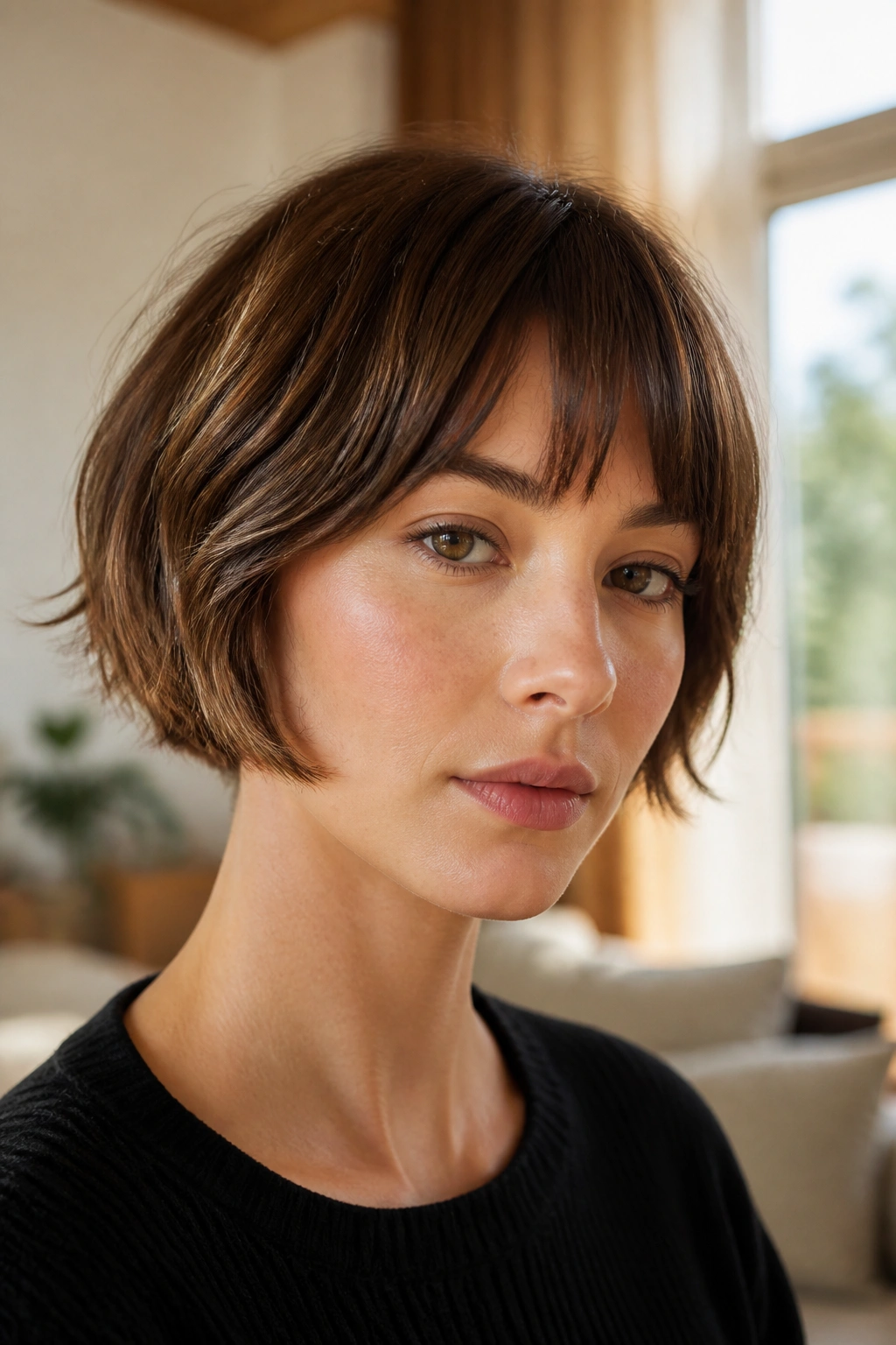 Close-up of a real woman with micro bob and piecey texture in a sunlit living room