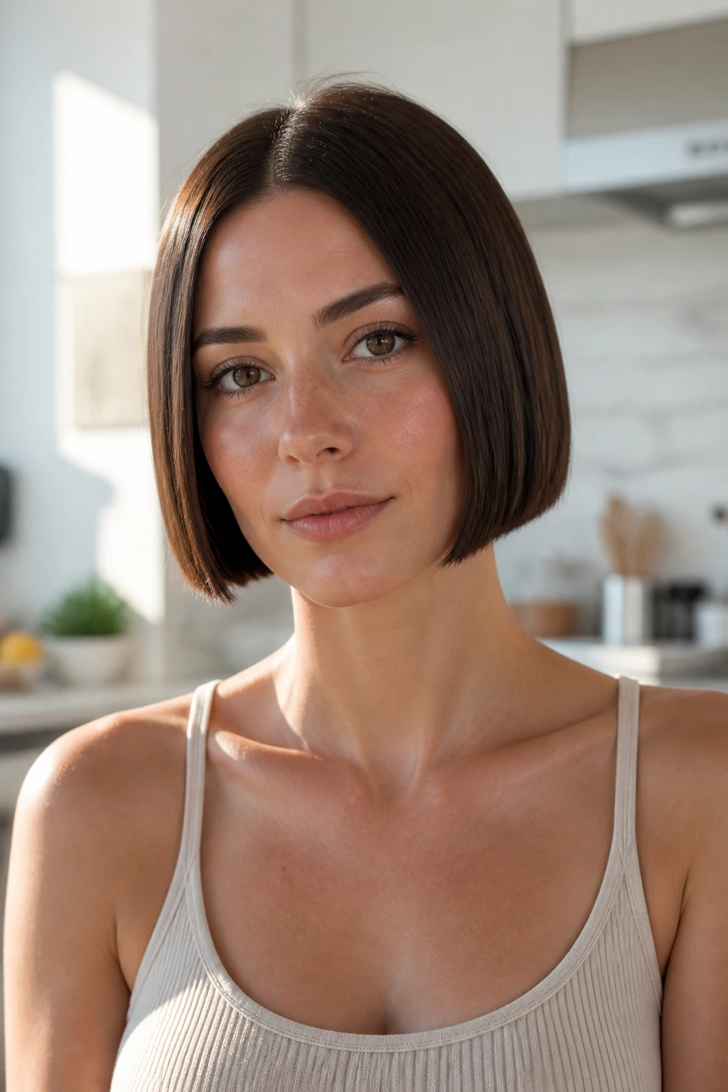 Portrait of a real woman with micro bob showing a crisp blunt edge