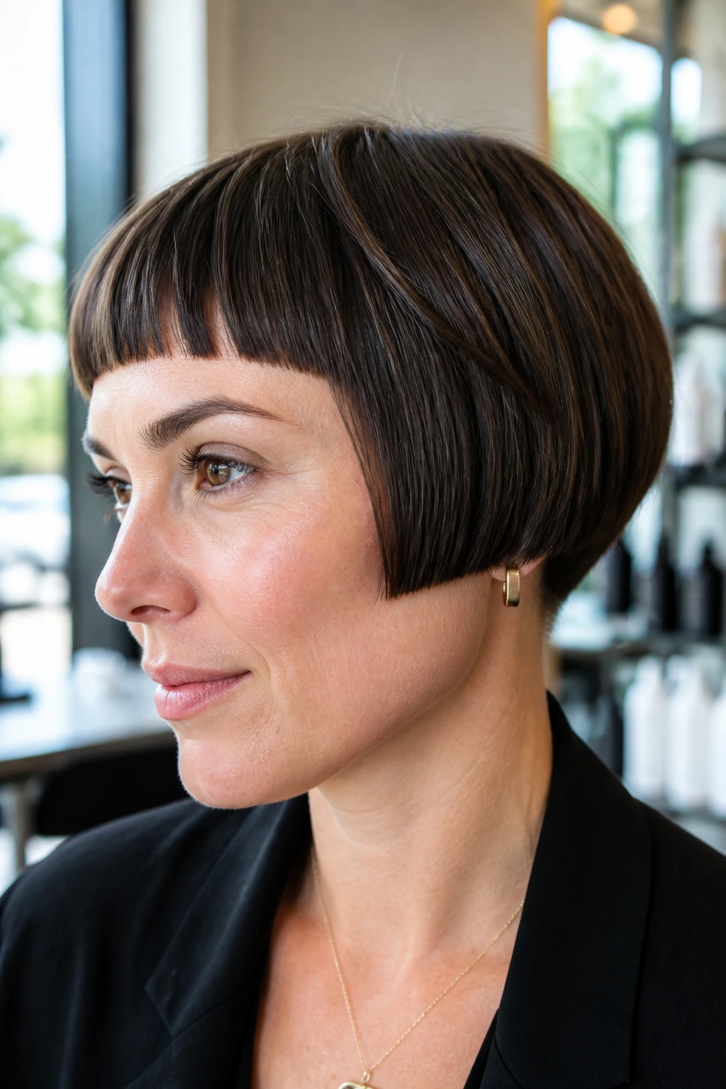 Portrait of a real woman with a micro bob haircut at ear length