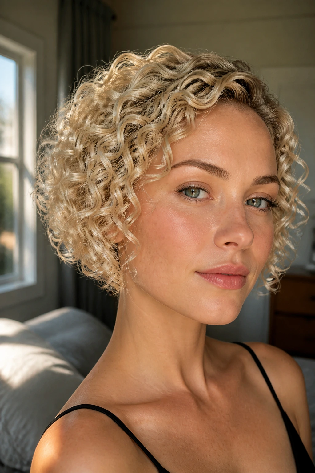 Close-up of a real woman with a micro bob and sculpted ringlets in pale blonde shade.