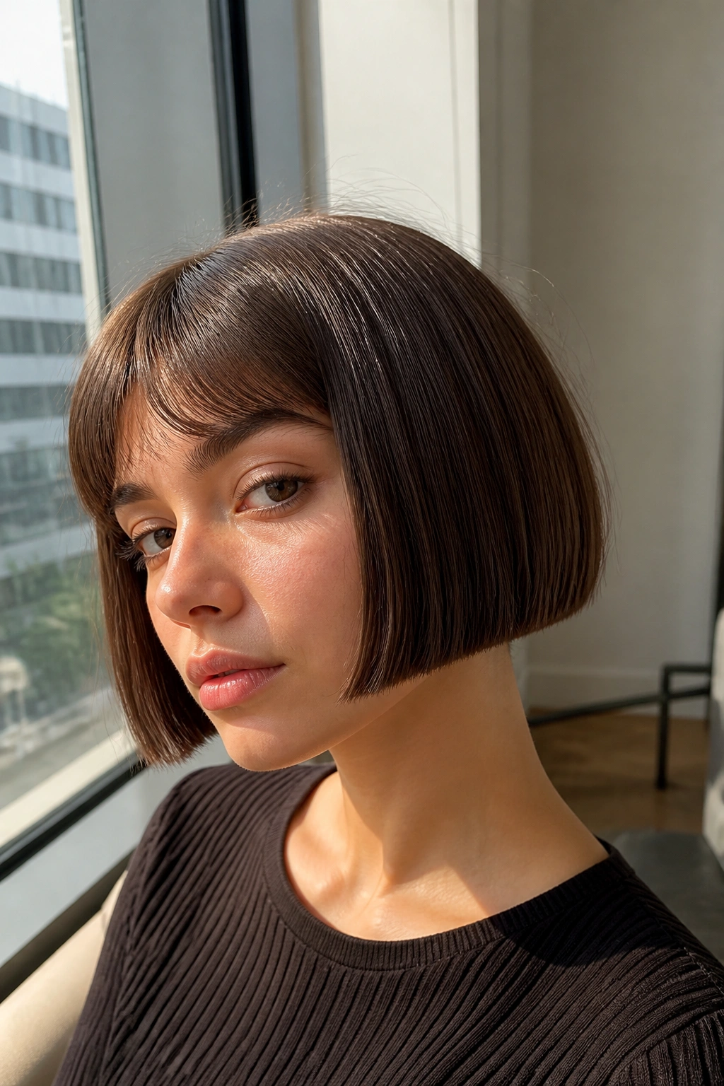 Close-up of woman with a micro French bob and sharp edges