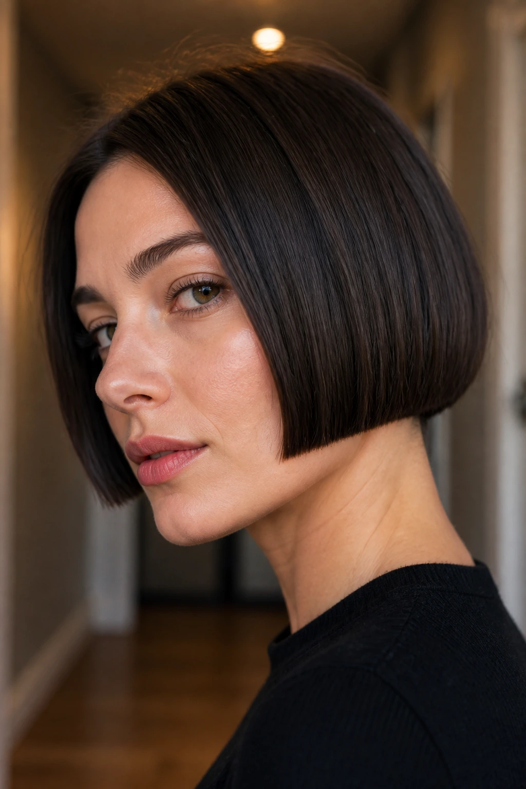 Close-up portrait of a person with a micro bob featuring a sharp blunt line.