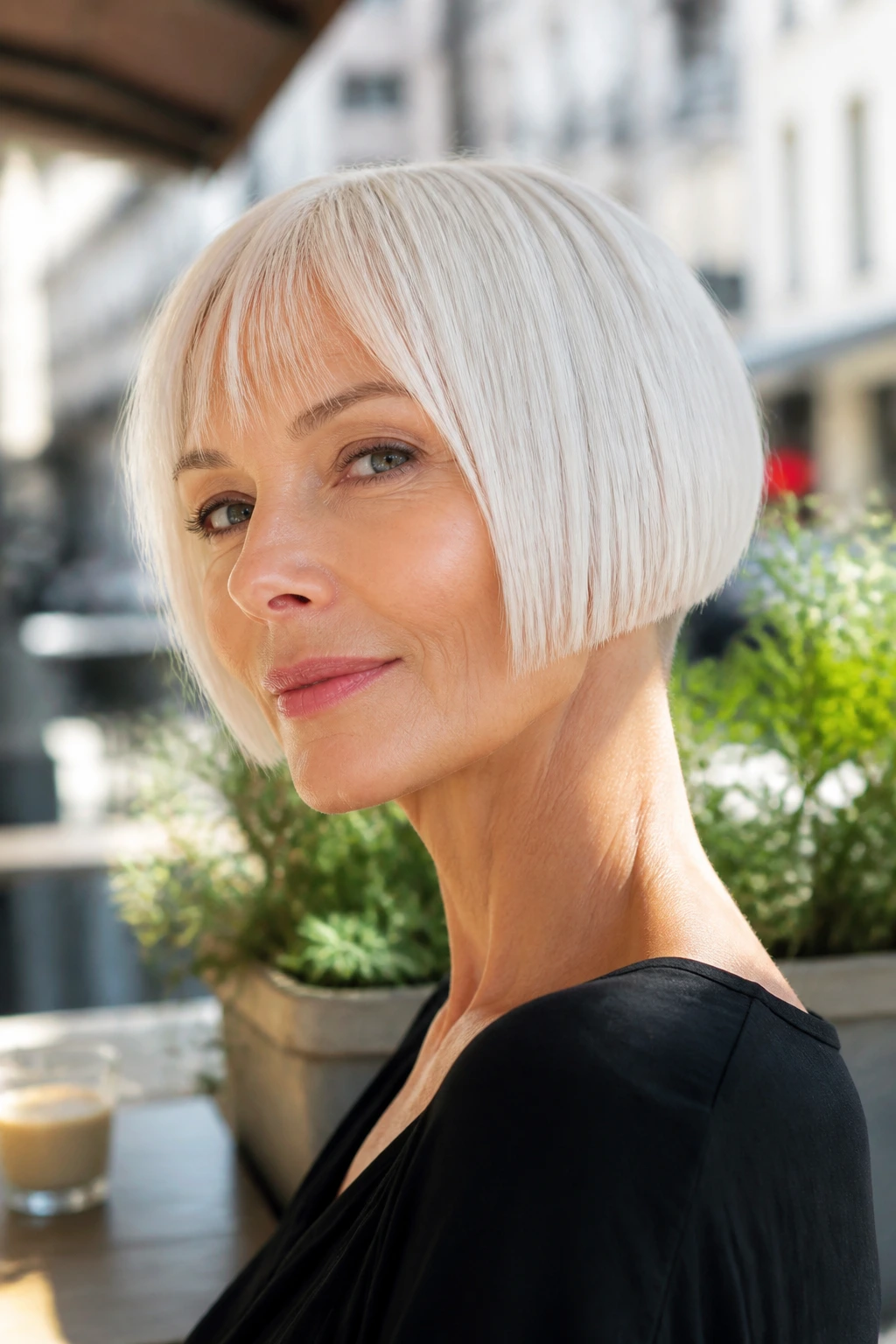 Close-up portrait of a real woman with micro bob and sharp neckline in cafe lighting