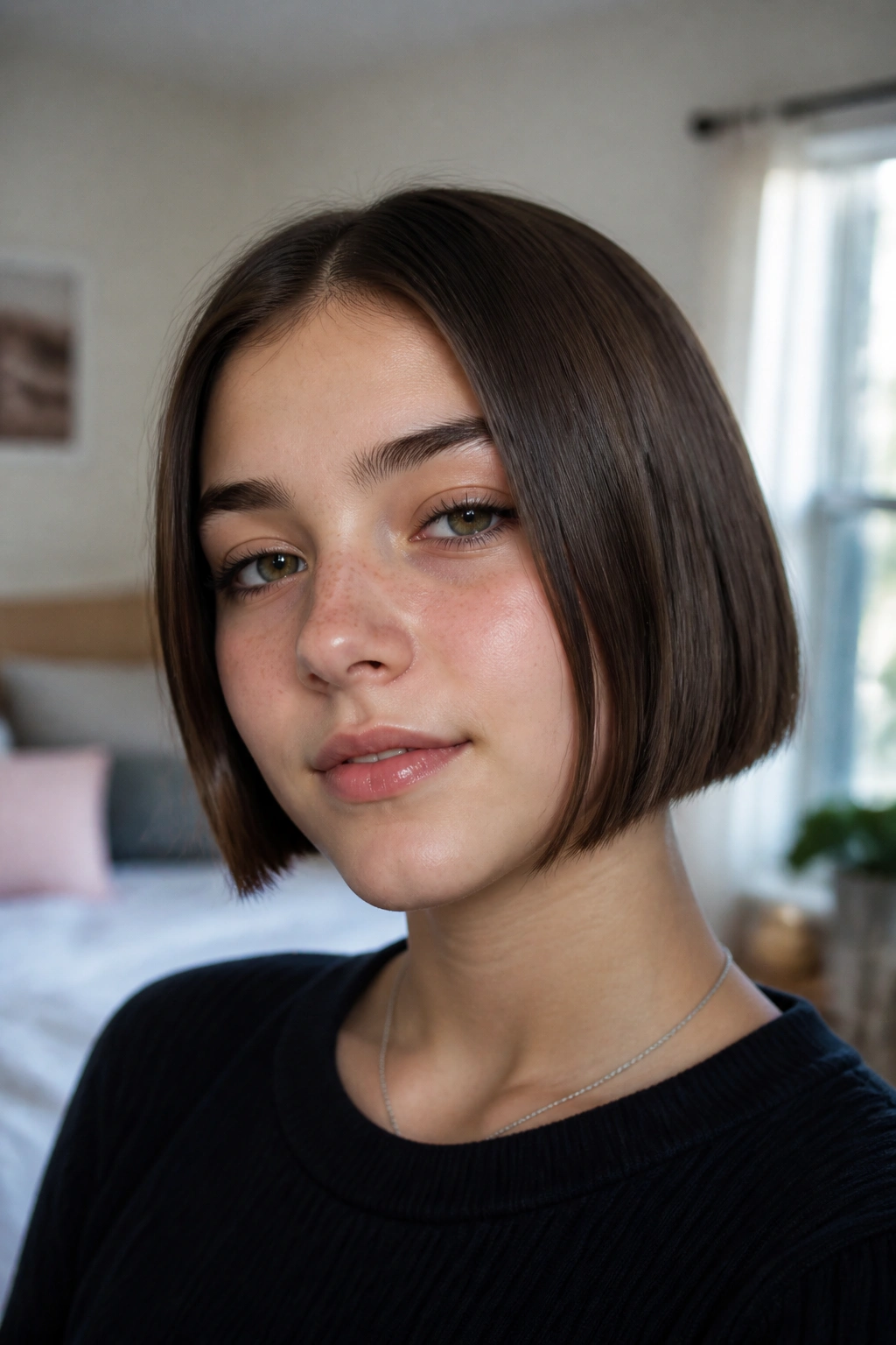Close-up of a girl with a micro bob hairstyle in a cozy bedroom