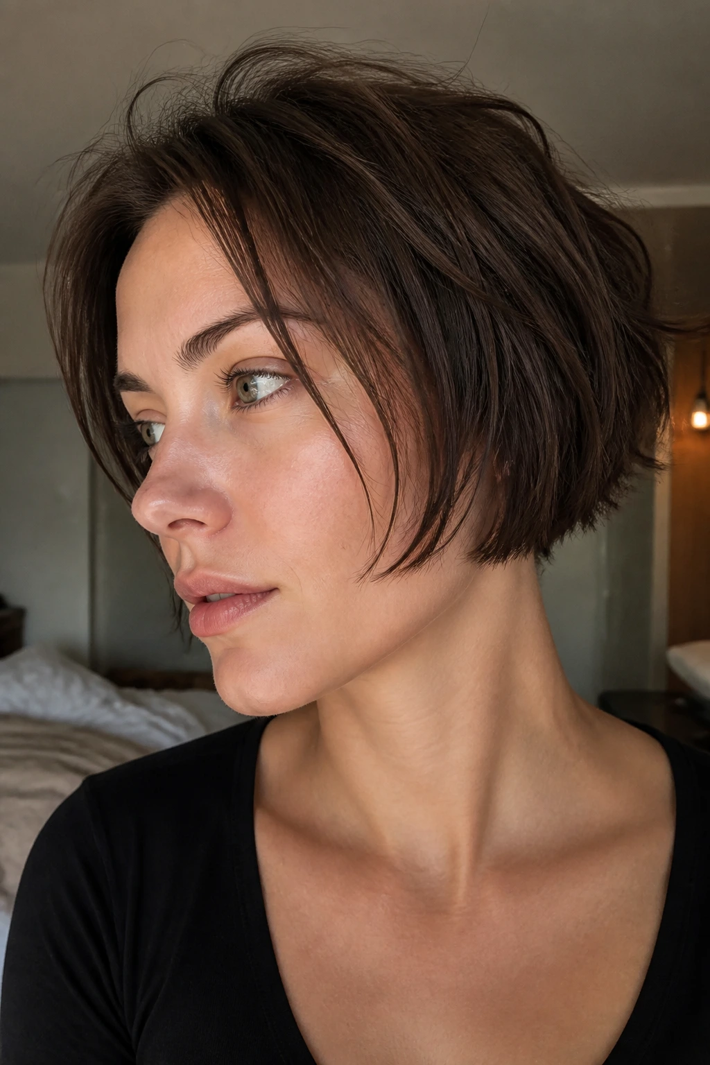 Close-up portrait of a real woman with a micro bob featuring piecey texture and matte ends