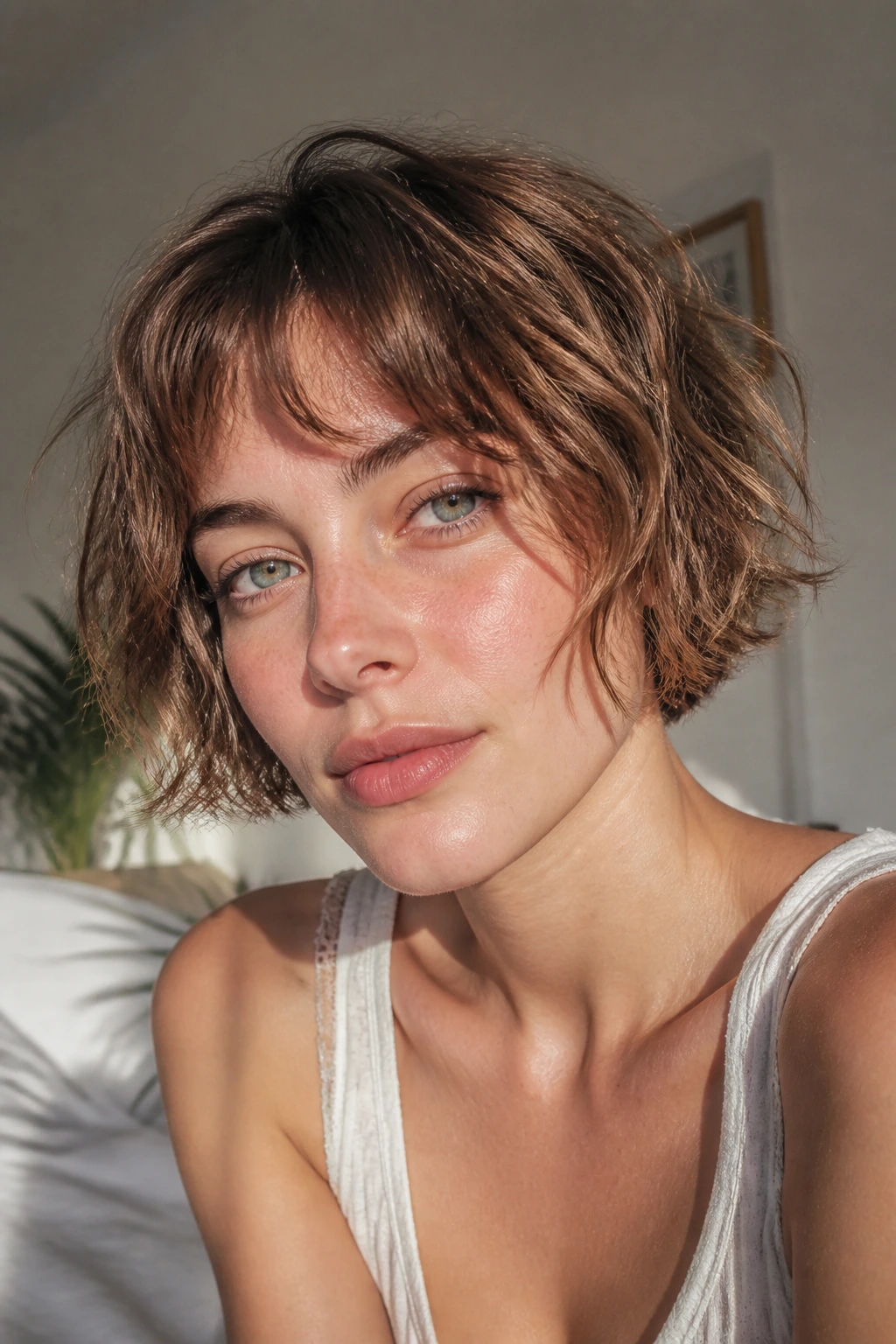 Real person with tousled micro bob in sunlit bedroom