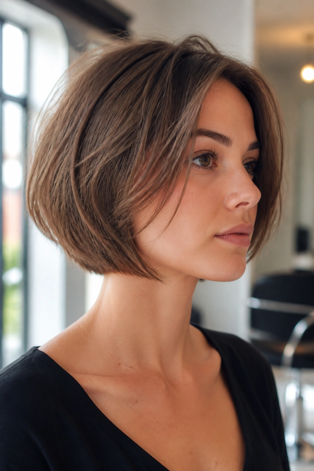 Close-up portrait of a real woman with a micro bob and wispy internal layers.