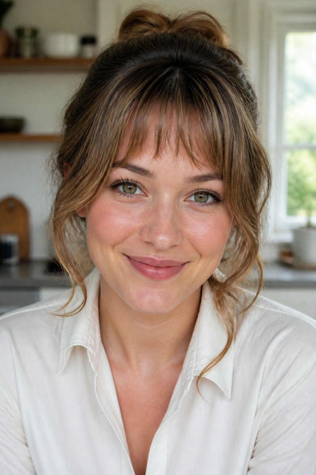 Close-up of a woman with micro bottleneck fringe in bright kitchen light