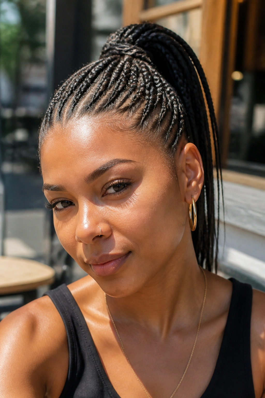 Close-up of a real woman with micro-braided mohawk ponytail in bright outdoor light