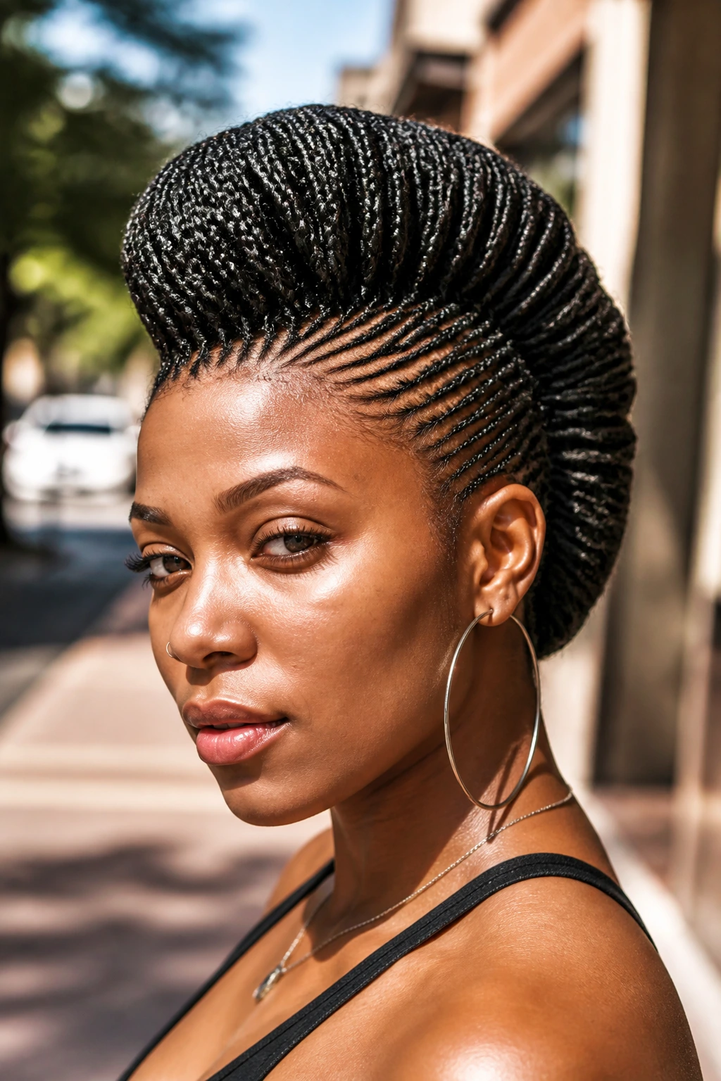 Close-up of micro-braid Mohawk on real woman with front-focused braid details