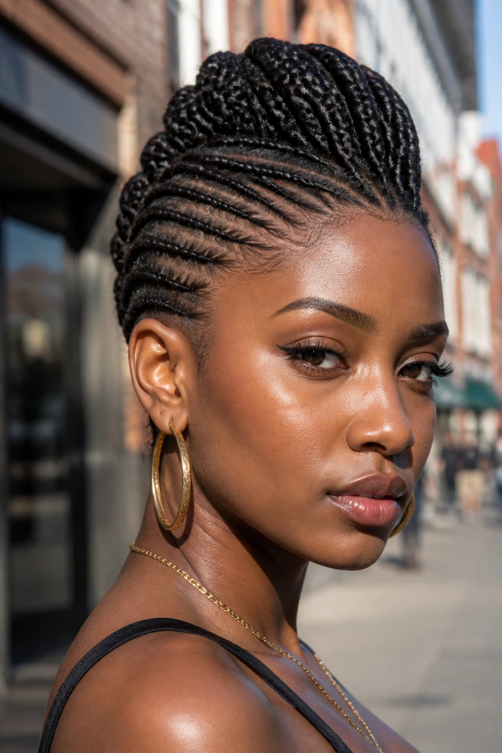 Close-up portrait of a real Black woman with a Mohawk made of micro braids