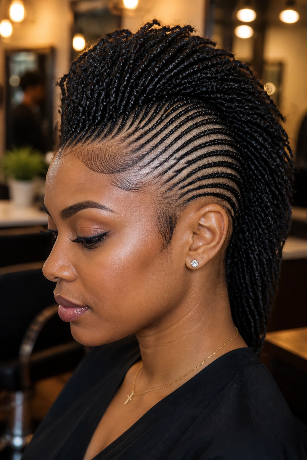 Close-up portrait of a real person with a mohawk of tiny micro-braids and a center rise.