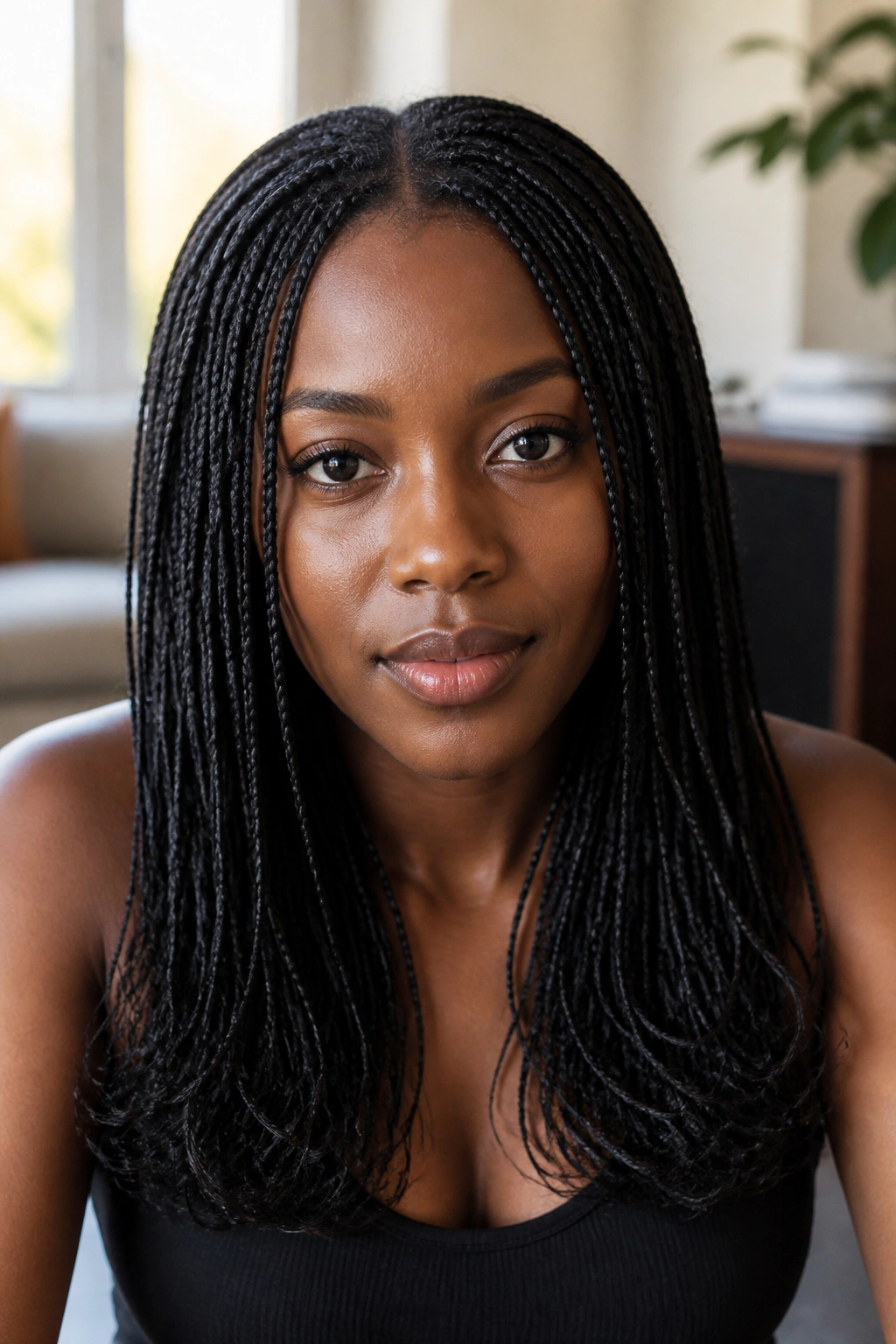 Close-up of a real woman with dense micro braids