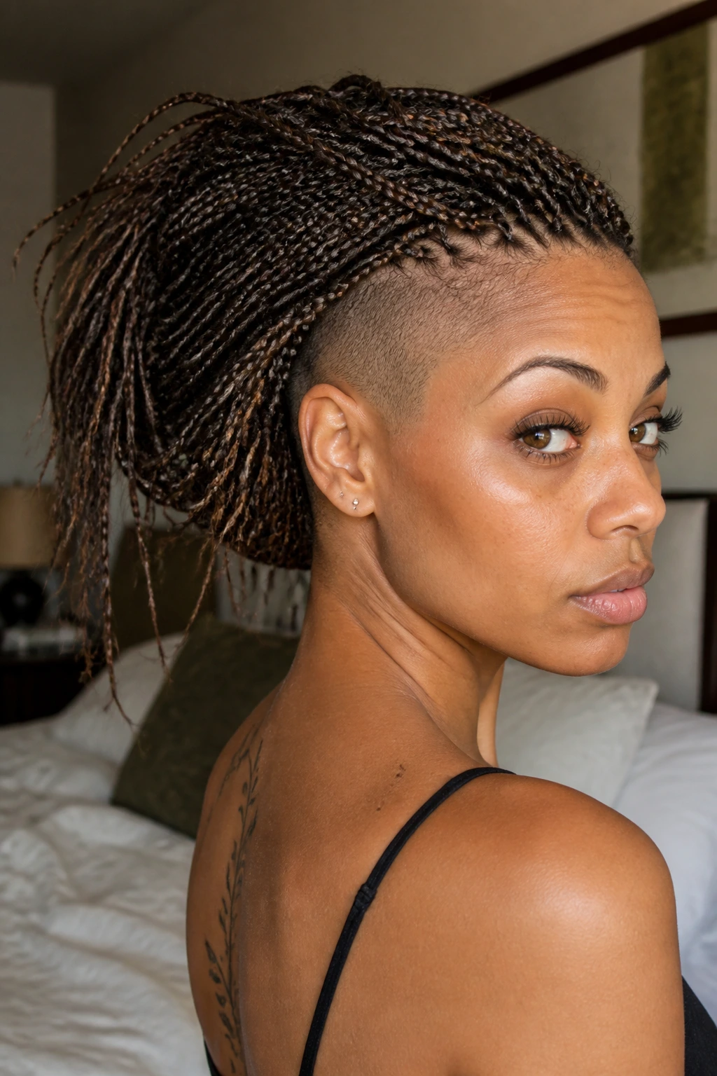 Portrait of a real woman with micro braids over a shaved nape
