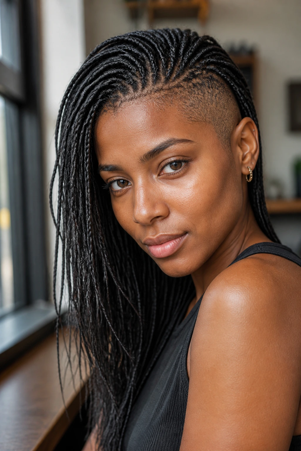 Close-up of micro braids with undercut frame on a real person