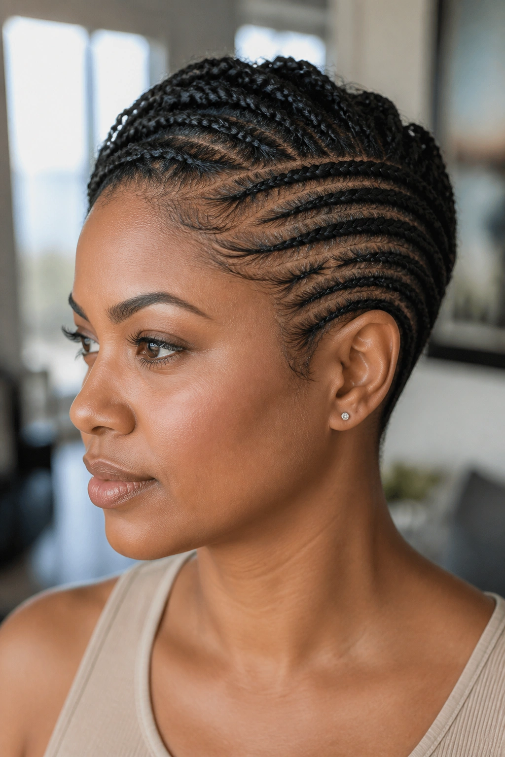 Close-up of a real woman with micro cornrows on a pixie cut in a bright room