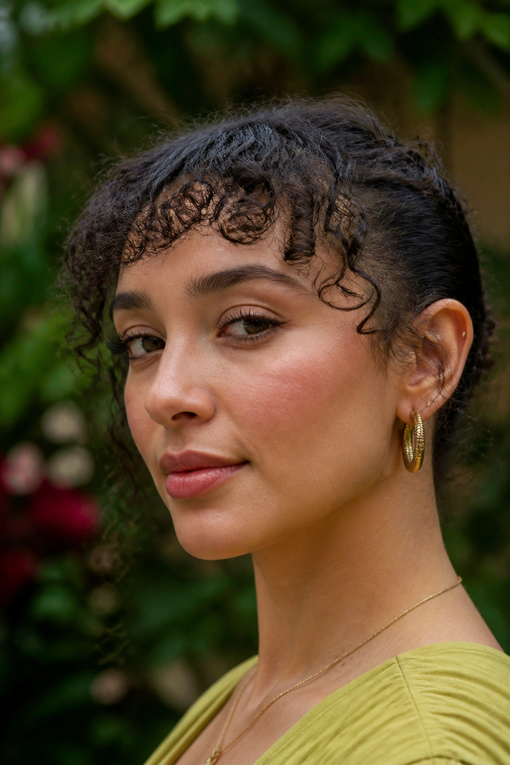 Close-up of a real woman with micro curly bangs and loose edge