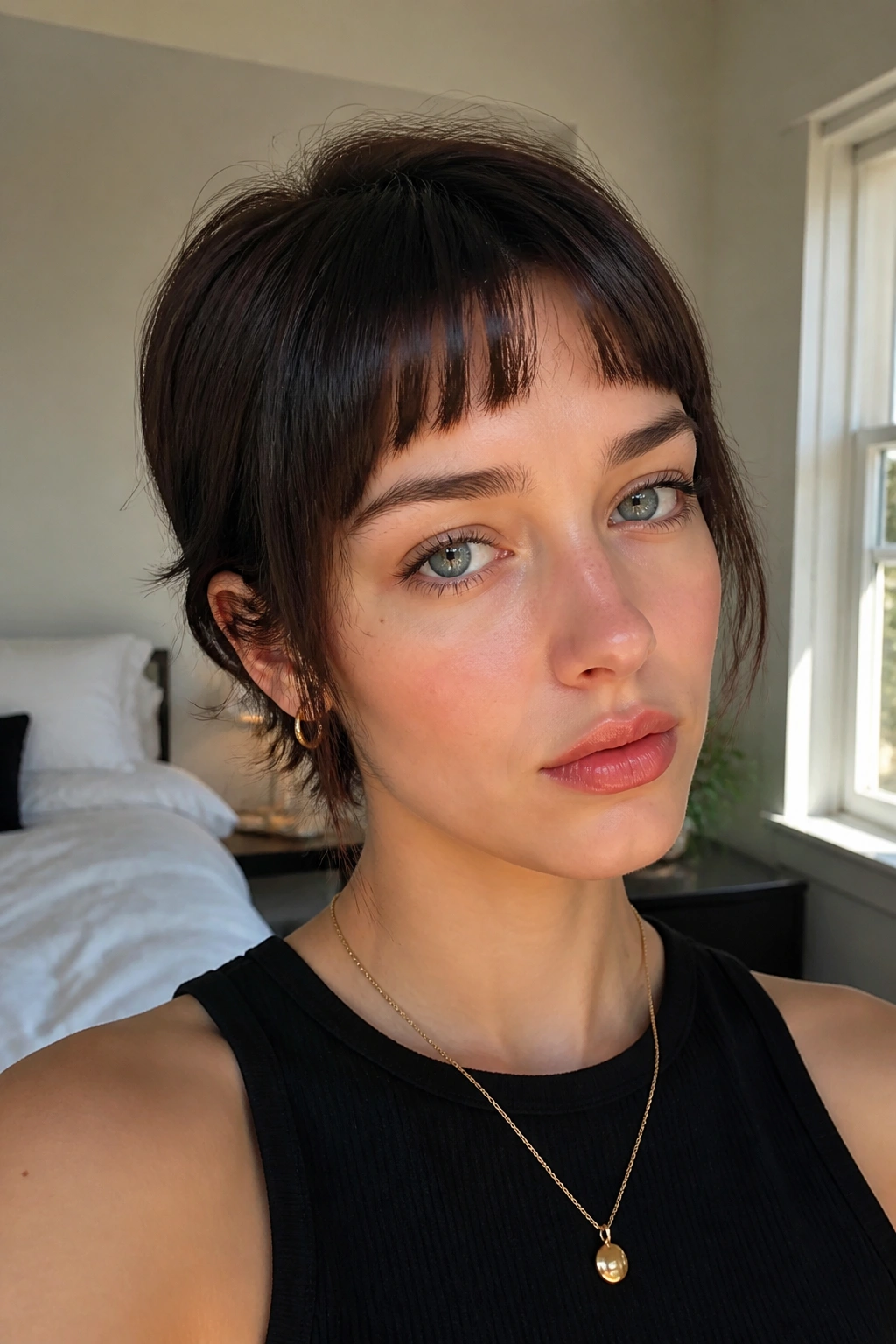 Close-up of a real person with micro curtain bangs cut short
