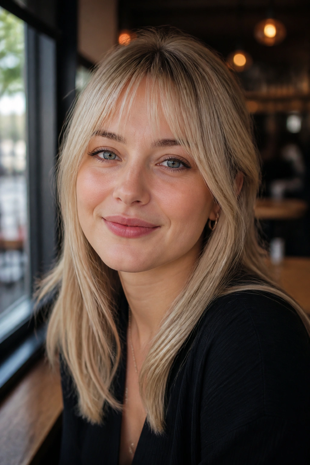 Woman with micro curtain bangs and face-framing length in soft blonde at a cafe window