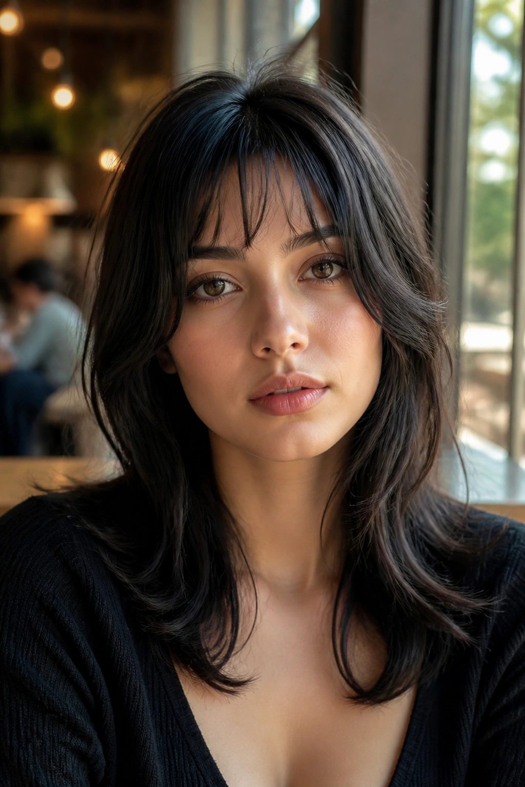 Portrait of a person with airy micro curtain bangs and a wolf cut in cafe light
