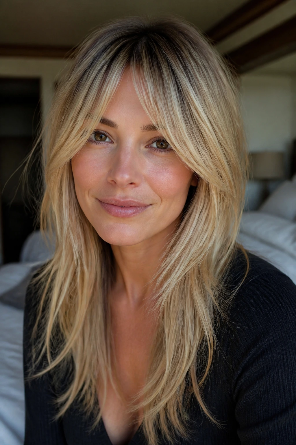 Close-up portrait of a real woman with micro curtain fringe and long side pieces in light blonde