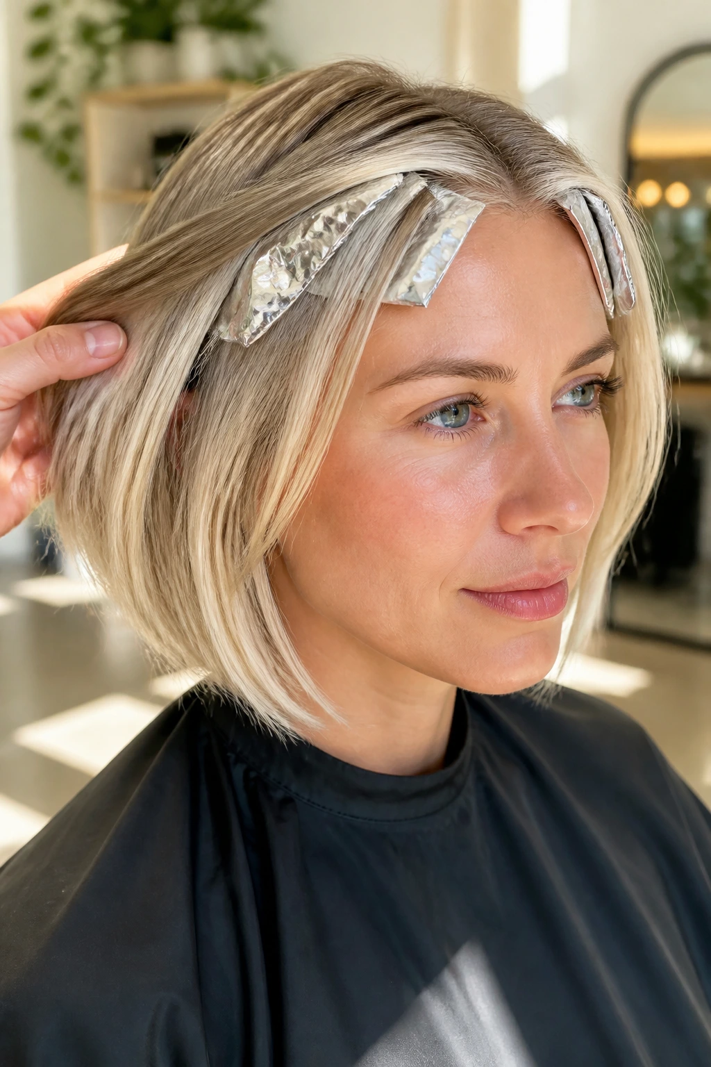 Close-up of a real woman with a short blonde bob showing micro-foil highlights at the hairline.