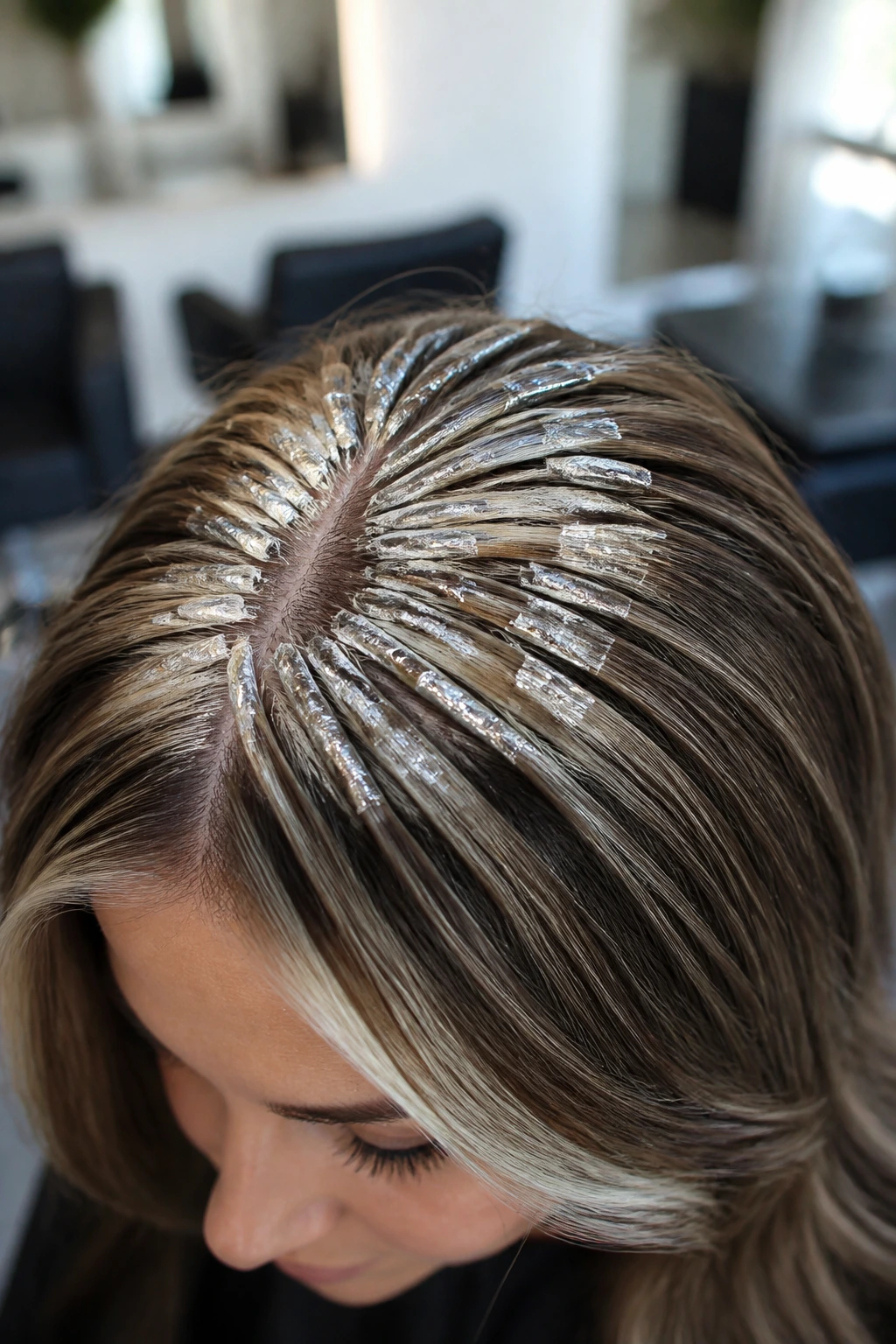 Crown area close-up showing micro-foil platinum weave on brown hair