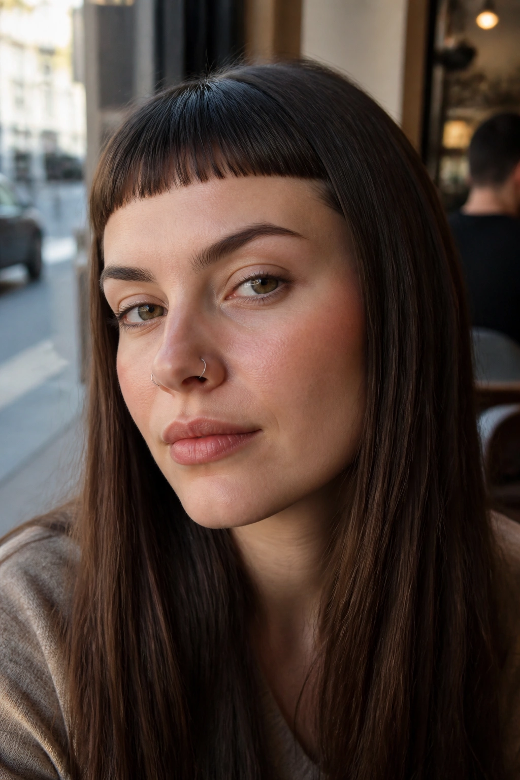 Close-up of a real person with micro French bangs above the brows in daylight