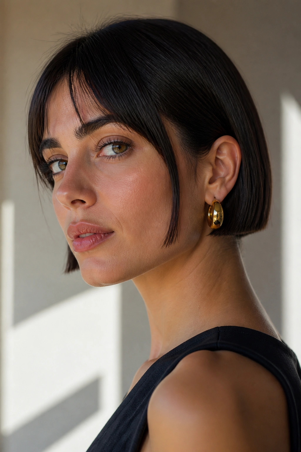 Close-up portrait of a real woman with a micro French bob above the jaw