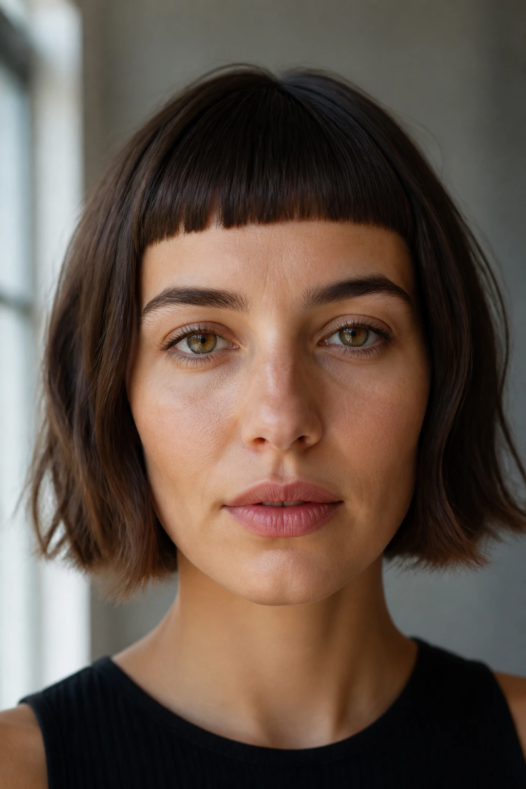 Close-up of a real person with micro fringe above the eyebrows