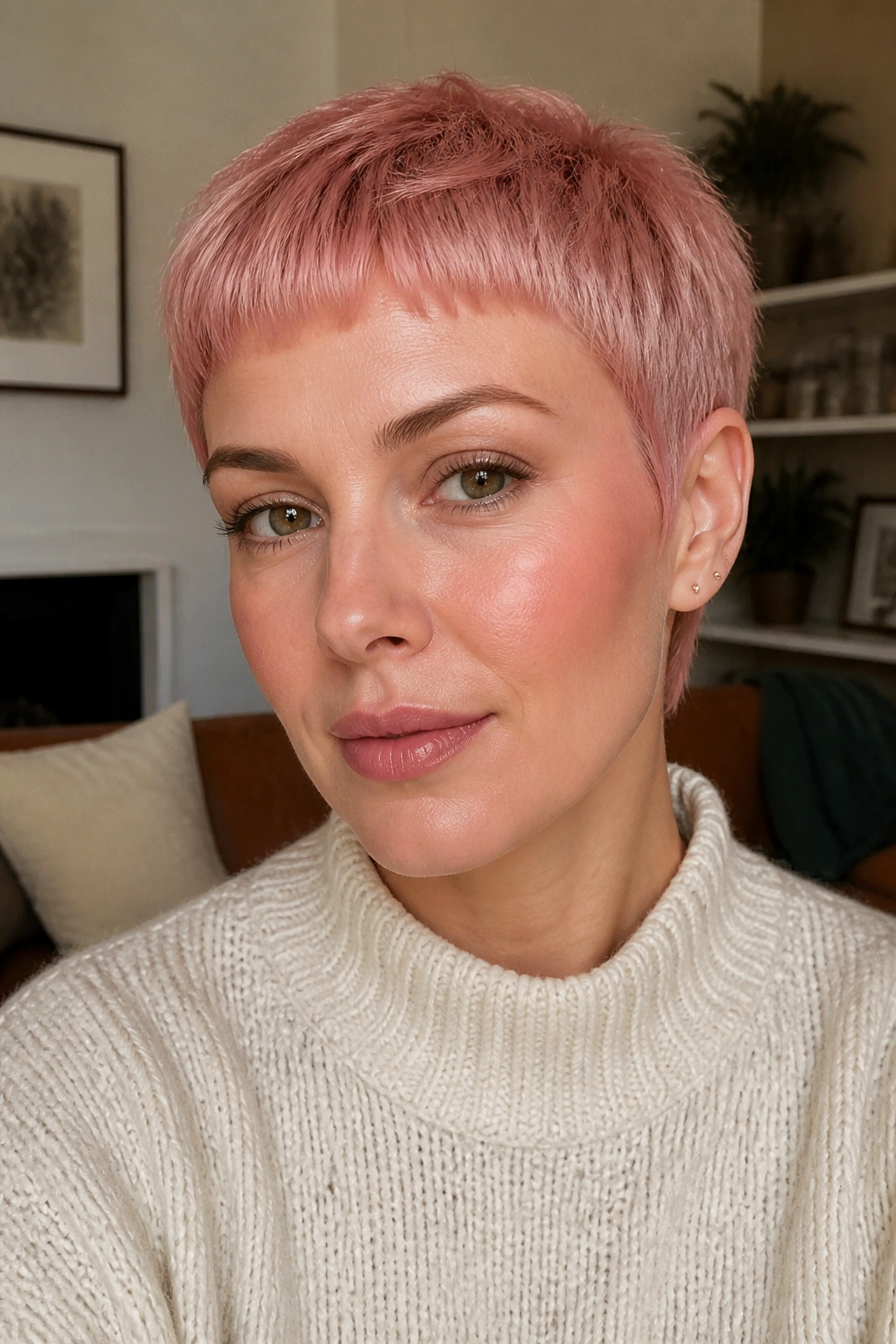 Close-up of a real woman with a micro-fringe blush pixie