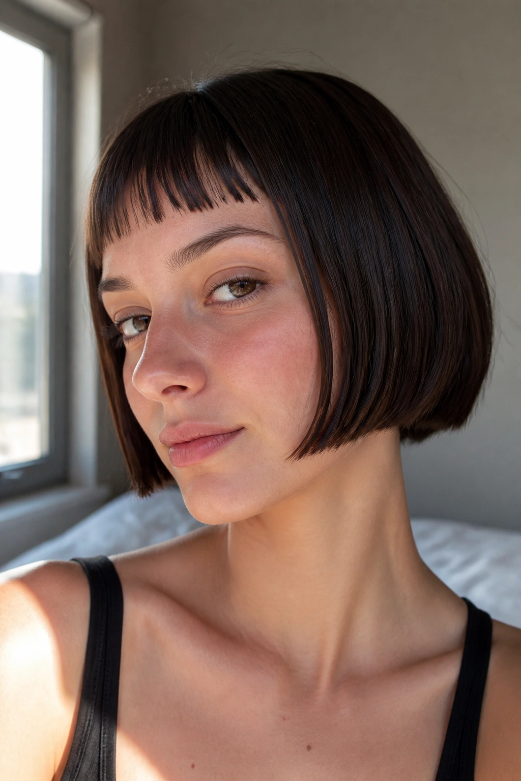 Close-up portrait of a real woman with a micro fringe on a sleek chin-length French bob