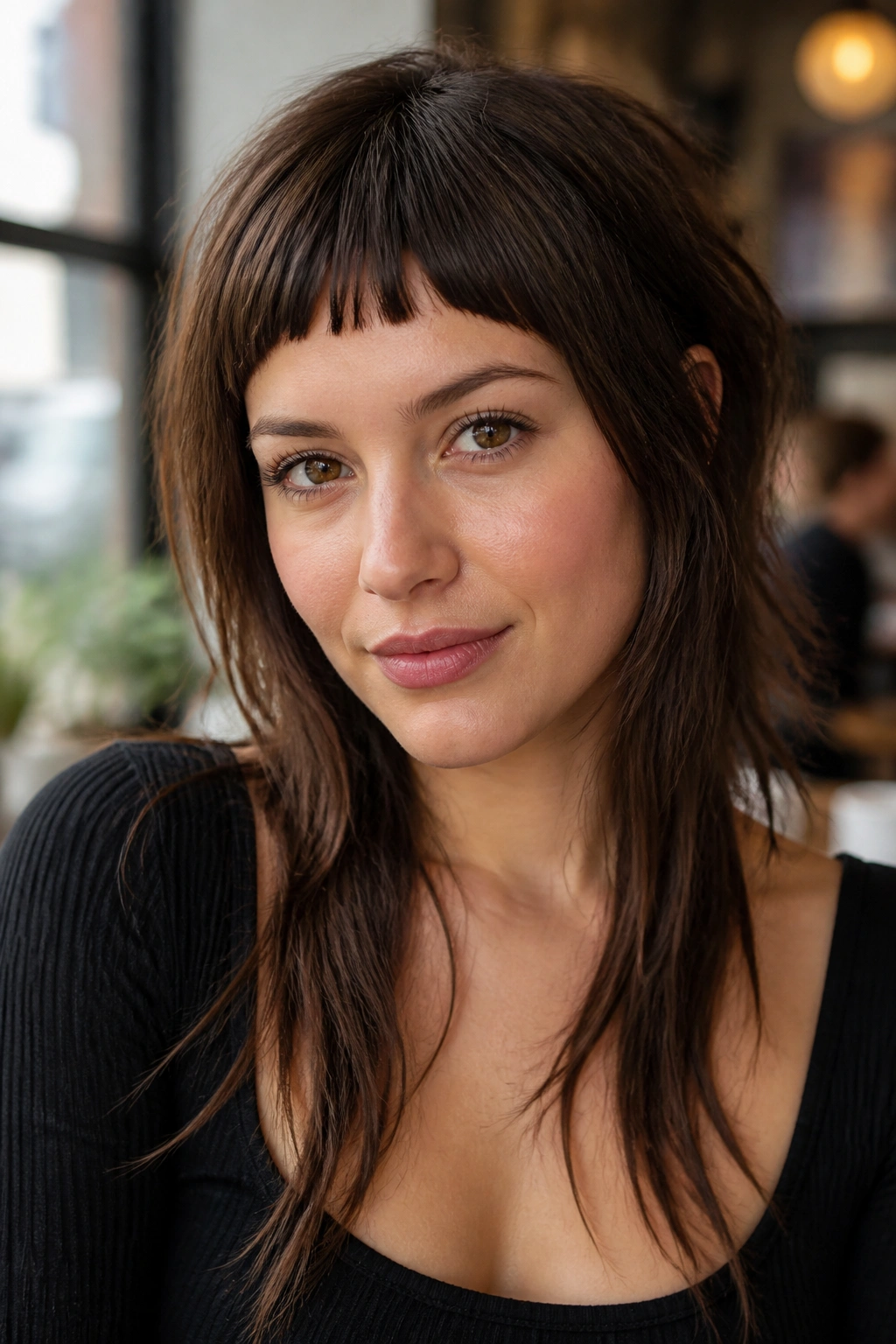 Close-up of brunette woman with micro fringe and long side pieces
